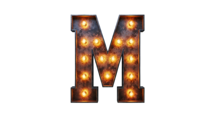 Marquee Light Bulb Letter M Vintage Rusty Metal Alphabet on Black Background