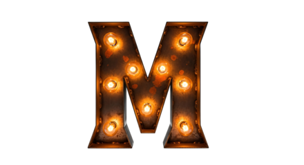 Vintage Rusted Metal Marquee Letter M with Glowing Light Bulbs