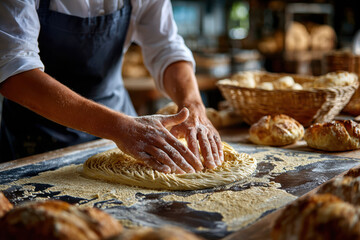 Baker kneading dough at a rustic bakery during the afternoon hours