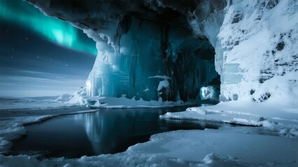 Ice cave with aurora borealis reflecting in a frozen pool under a starry night sky