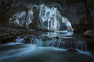 Naklejka premium Stunning underground cave with flowing river and stalactites illuminated by natural light