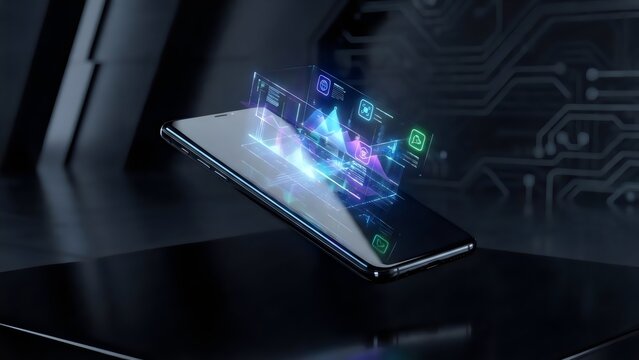 A sleek smartphone floating above surface showing abstract glowing interface, minimal futuristic style, dark background.