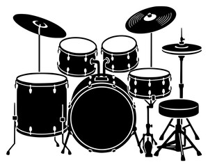 A black and white silhouette of a drum set with cymbals and a stool, black, drum, drumstick, equipment, illustration, instrument, kit, profile, stool, against transparent background