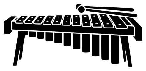A black and white silhouette of a marimba, black, flat, icon, illustration, instrument, music, profile, stool, style, against transparent background