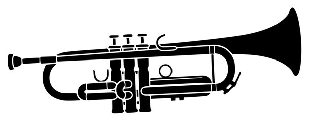 A black and white silhouette of a trumpet, black, icon, illustration, instrument, profile, trumpet, against transparent background