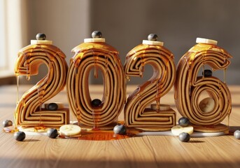 Happy New Year food Creative stack of 2026 pancakes with syrup on wooden table | celebration, festive, holiday,