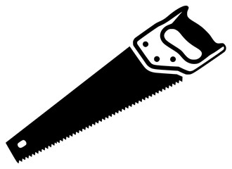 A black and white silhouette of a hand saw, black, blade, chain saw, flat, icon, illustration, profile, saw, tool, against transparent background