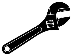 A black and white silhouette of a wrench, black, brush, flat, icon, illustration, profile, repair, screwdriver, style, tool, wrench, against transparent background