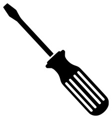 A black and white silhouette of a screwdriver, black, flat, fork, icon, illustration, pitchfork, profile, rake, screwdriver, shovel, spatula, tool, against transparent background