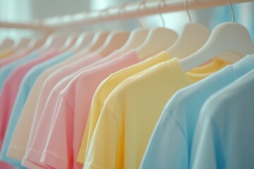 Fototapeta premium Pastel t-shirts on wooden hangers. Clothes in store. Fabric factory