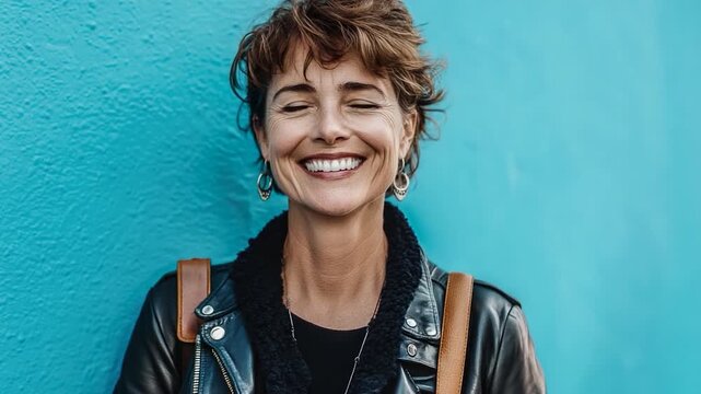 A woman wearing a leather jacket smiles directly at the camera