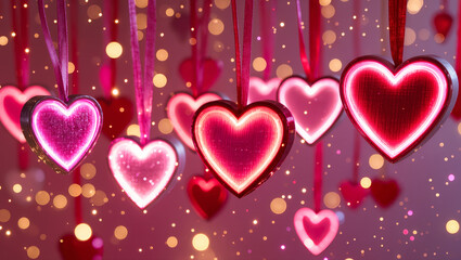 Glowing pink and red heart decorations hanging on ribbons with sparkling lights in background. Romantic holiday and Valentine’s concept.