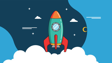 A cartoon rocket launching through clouds into a starry night sky.