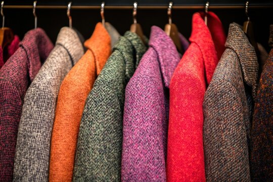 Warm coats on hangers. Red, pink, orange woolen jackets in a row in store.