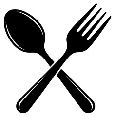 A black and white silhouette of a spoon and fork crossed over each other, black, cross, cutlery, fork, icon, illustration, profile, spoon, utensil, against transparent background