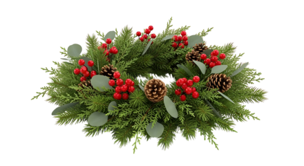 Christmas wreath with red berries pine cones and eucalyptus leaves isolated decoration