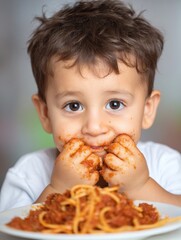 Joyful little child with messy face enjoying spaghetti and tomato sauce