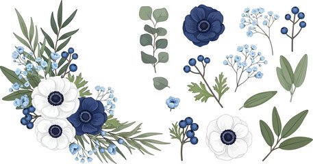 Elegant blue and white anemone flowers with eucalyptus leaves and delicate baby's breath, vector illustration for invitations and designs