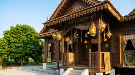 Obraz premium Traditional Malay House with Islamic Decorations for Ramadan and Eid Celebration