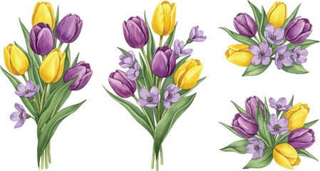 Watercolor illustration set of vibrant yellow and purple tulip bouquets with fresh green leaves, perfect for spring designs.