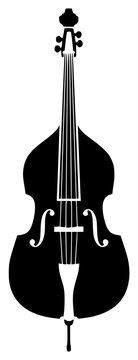 A black and white silhouette of a double bass, black, bow, cello, icon, illustration, instrument, profile, string, violin, against transparent background