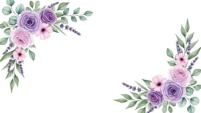 Elegant Watercolor Floral Corner Borders with Purple Roses, Pink Blossoms, Lavender, and Eucalyptus Leaves on White Background