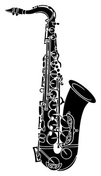 A black and white silhouette of a saxophone, black, clarinet, illustration, instrument, music, profile, sax, against transparent background