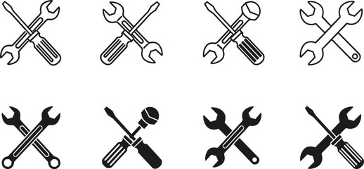 Minimal tools icon set with crossed wrench screwdriver symbols for repair service, maintenance engineering, construction, mechanic vector outline collection pack