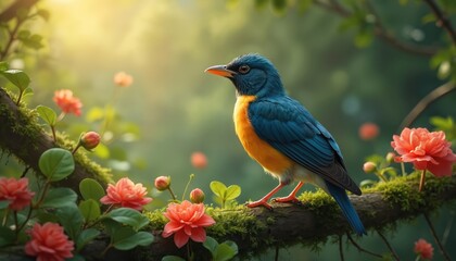 Colorful blue orange bird perches on mossy branch. Small coral flowers bloom near. Soft golden sun shines through rich green forest. Serene nature scene shows springtime wild beauty, perfect bright