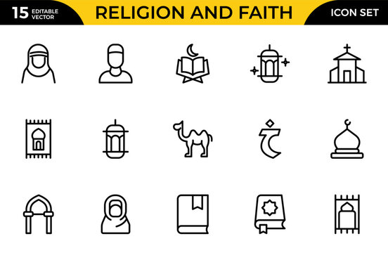 Religion and faith icon set. Religious icon collection in line style. Related to Islma, Christian, Hinduism, Judaism. Thin outline icons pack. Vector illustration