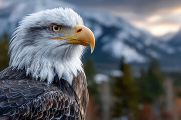Obraz premium Majestic Bald Eagle Portrait Against Snowy Mountain Backdrop
