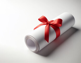 Rolled White Sheet of Paper Tied with Red Ribbon on Neutral Background