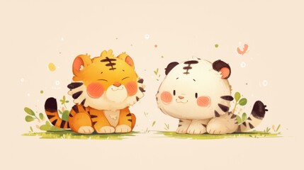 Naklejka premium Adorable Cartoon Tiger Friends with Playful Atmosphere