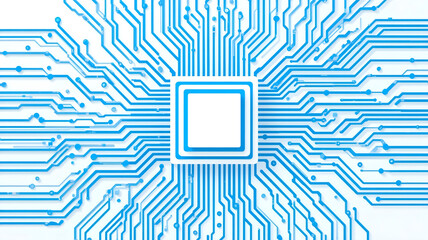High-Contrast Blue Circuit Board Graphic on a Pure White Background with Blank Central Processing Unit Area, Ideal for AI Development, Cloud Infrastructure, and Technical Documentation Design