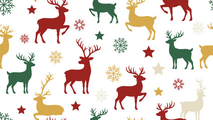 Seamless pattern with colorful reindeer and snowflake holiday design