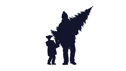 Silhouette of father and child carrying christmas tree