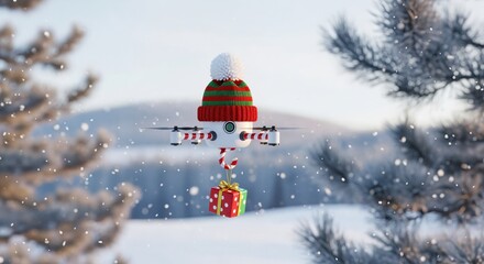 A festive drone delivery carrying a Christmas gift, adorned with a vibrant red and green holiday hat, hovering over a snowy landscape among pine trees.