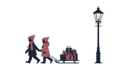 Children pulling a sleigh full of gift box