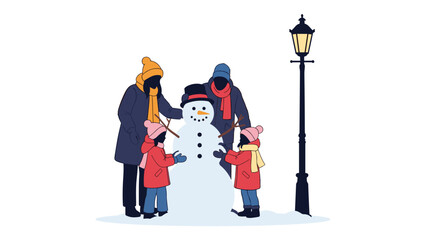 Family building a snowman outdoors next to a vintage street lamp