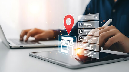 Person managing online business location data using digital devices and map pin