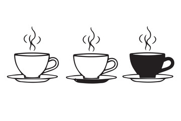 Obraz premium Steaming Coffee Cups on Saucers Line Art Vector Illustration Set for Cafe Menu Beverage Branding and Cozy Drink Designs