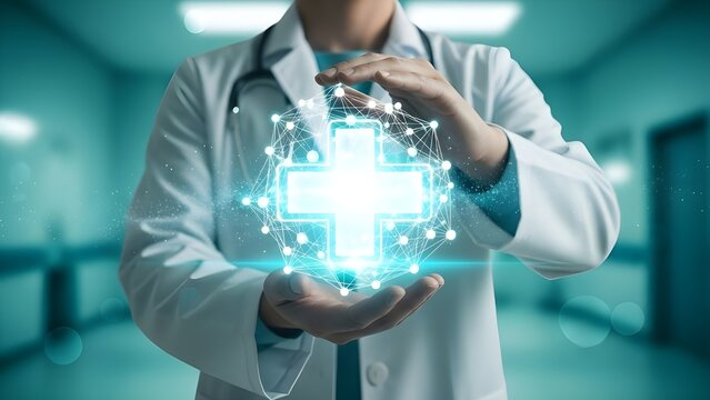 Negocios y Medicina.
 Eficiencia sanitaria, conexi&oacute;n digital, mejora de la atenci&oacute;n al paciente, servicio sanitario Holograma en una mano femenina.
 Hologr&aacute;fica de negocios.