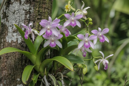 Beautiful lavender and white wild orchids blooming epiphytes growing on tree bark