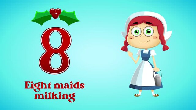 The 12 Days Of Christmas - 8th Day - Eight Maids Milking - 4K Animation Video Motion Graphics With Background