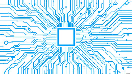 High-Contrast Blue Circuit Board Graphic on a Pure White Background with Blank Central Processing Unit Area, Ideal for AI Development, Cloud Infrastructure, and Technical Documentation Design
