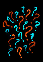 Painted question marks on black background	