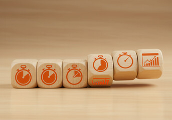 Sports Performance Analysis. Wooden cubes with stopwatch icons illustrate the systematic workflow for measuring and improving athletic capabilities for innovation
