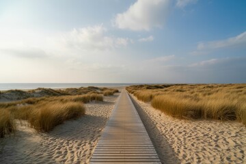 Wooden boardwalk path leading through sand dunes to ocean under blue sky