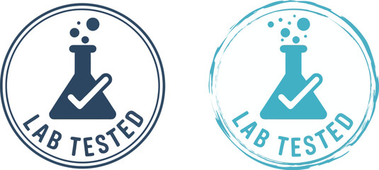Lab Tested Verification Icons: Two beaker symbols with check marks for product certification, safety assurance, and rigorous quality control testing by scientists