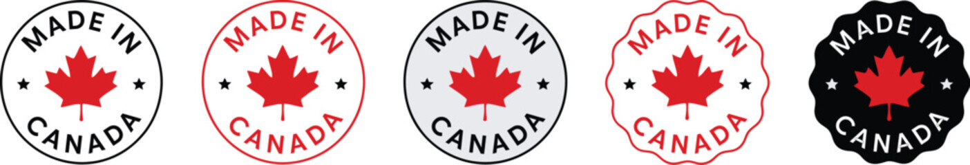 Made in Canada Seals: Set of five patriotic maple leaf icons for product labeling, signifying local manufacturing, premium quality, and national origin assurance